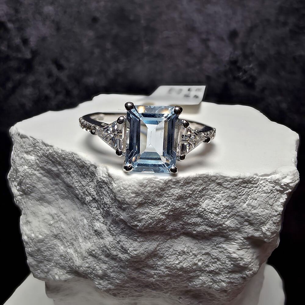 Natural Blue Topaz Ring 1.85CT Emerald Cut with Moissanite & White Topaz Size 8